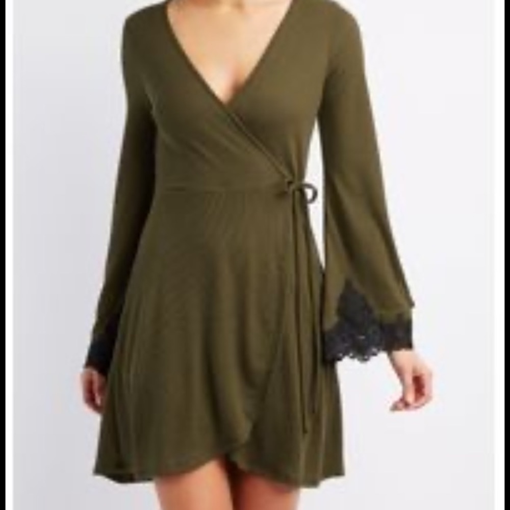 Green Wrap Dress With Black Lace Detail